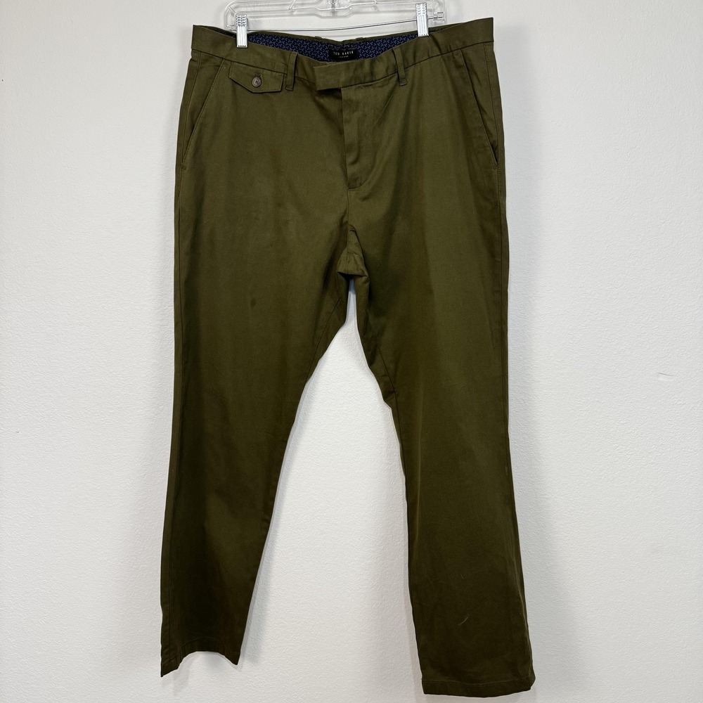 Ted Baker‎ London Pants Mens 38 Olive Green Slim Fit Chino Stretch Zip Fly Smart